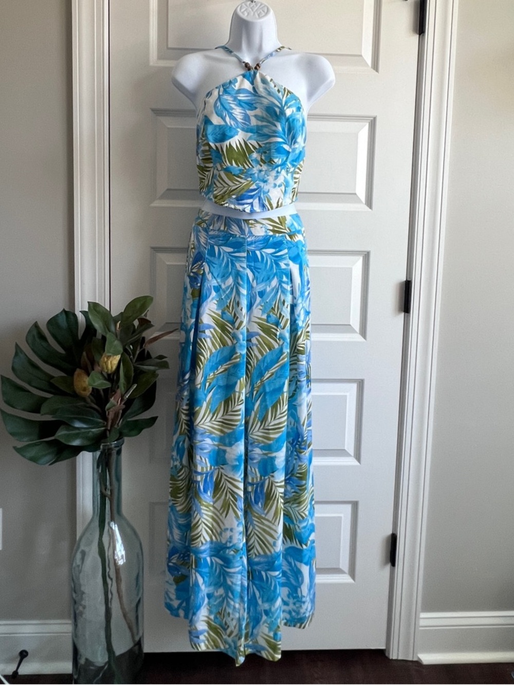 BLASHE Tropical Blue & Green Two-Piece Halter Crop Top + Palazzo Pant Set Small